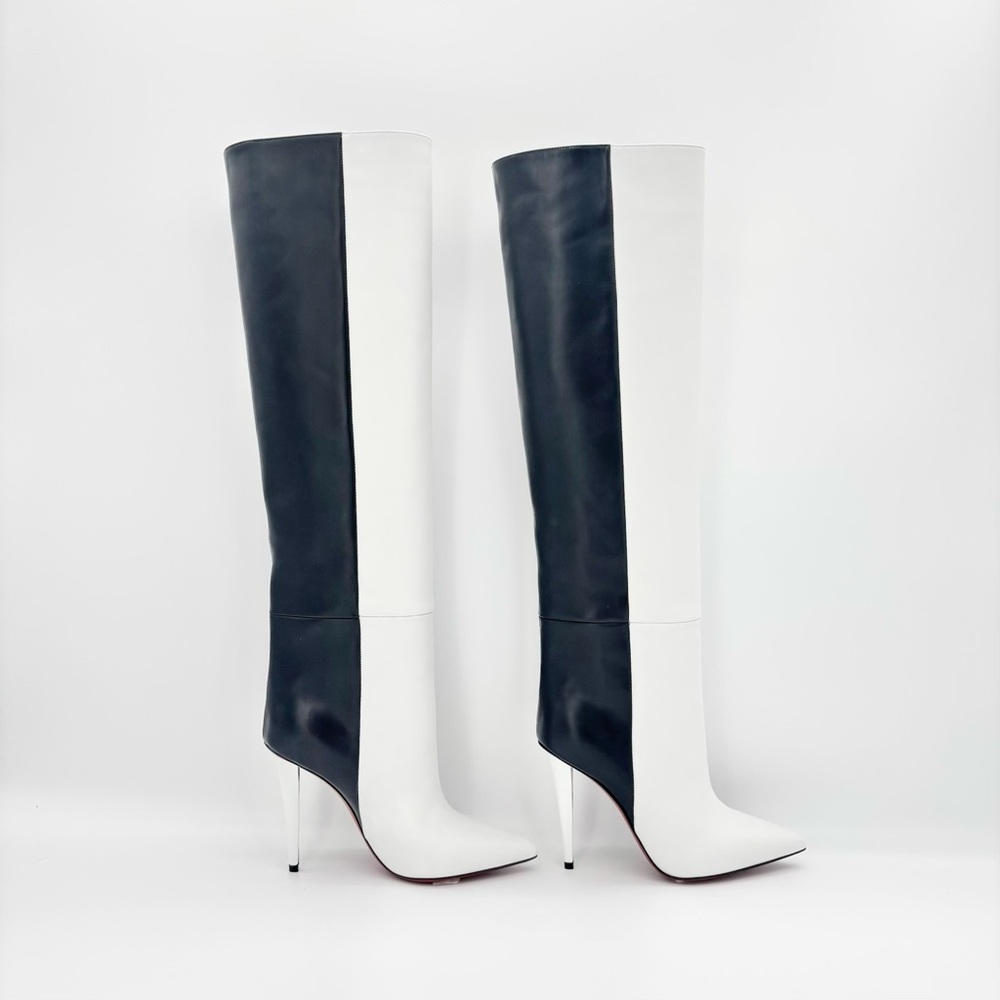 NIB Christian Louboutin Astrilarge Botta 100 Black White Pointed Toe Boots 37.5 - Picture 8 of 10